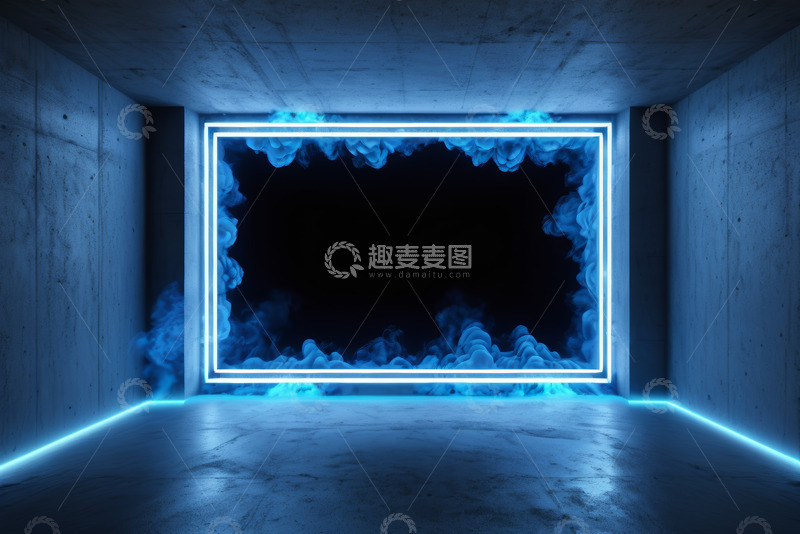 高清大图下载【趣麦麦图】带蓝色霓虹与烟雾的混凝土空间