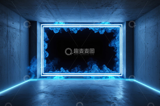带蓝色霓虹与烟雾的混凝土空间