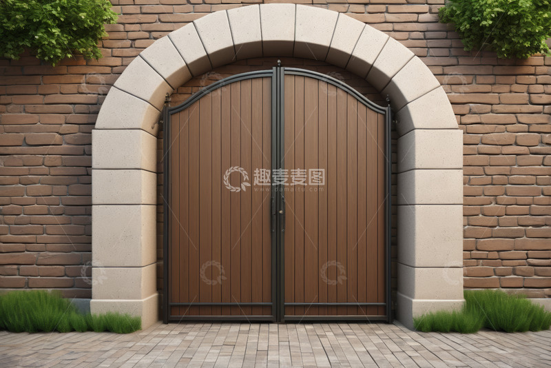 高清大图下载【趣麦麦图】砖砌拱门木质双开门