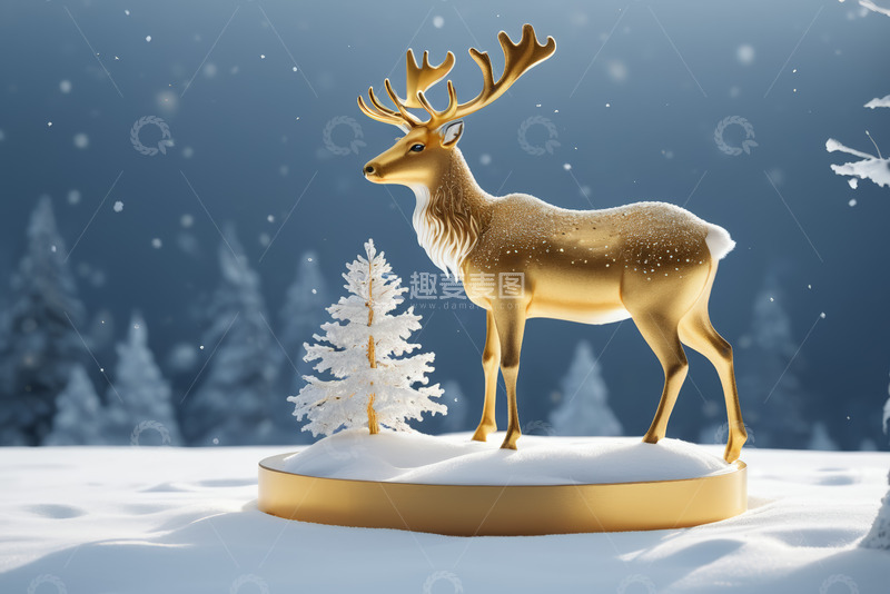 高清大图下载【趣麦麦图】雪地中的金色驯鹿与圣诞树
