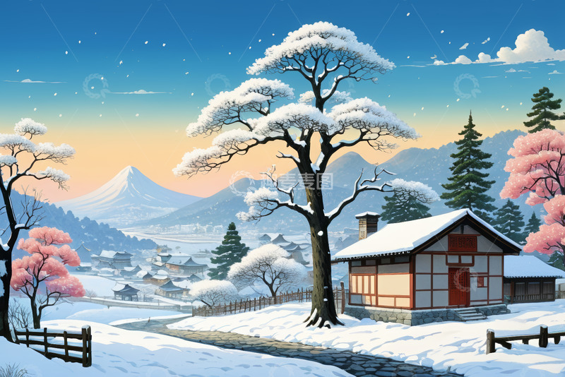 高清大图下载【趣麦麦图】冬日雪景中的日式小屋与山林