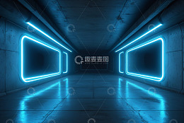 蓝色霓虹发光隧道场景