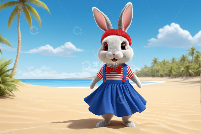 高清大图下载【趣麦麦图】海滩上的动画兔子