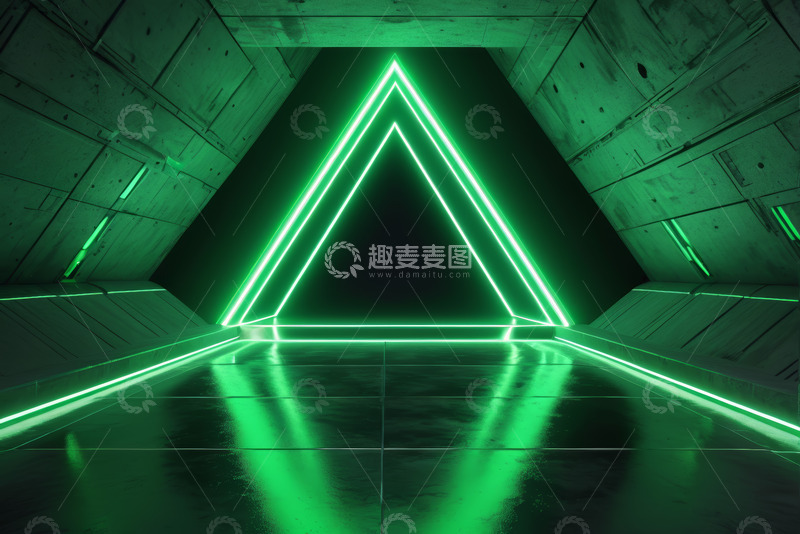 高清大图下载【趣麦麦图】隧道内绿色发光三角形霓虹景观