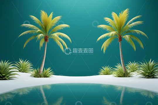 热带沙滩边的棕榈树与水景
