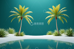 热带沙滩边的棕榈树与水景
