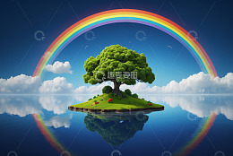 湖心小岛绿树与彩虹景观