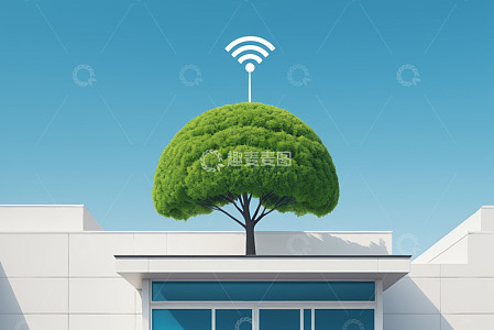 屋顶绿树配WiFi图标创意画面