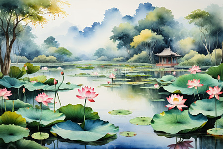 中式荷塘与亭台景观
