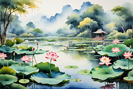 中式荷塘与亭台景观