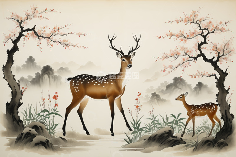 高清大图下载【趣麦麦图】中式水墨风双鹿自然场景