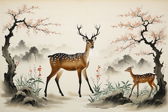 中式水墨风双鹿自然场景