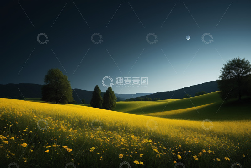 高清大图下载【趣麦麦图】月夜下的黄色花海与远山