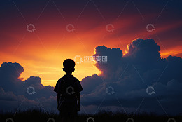 男孩夕阳下的户外剪影