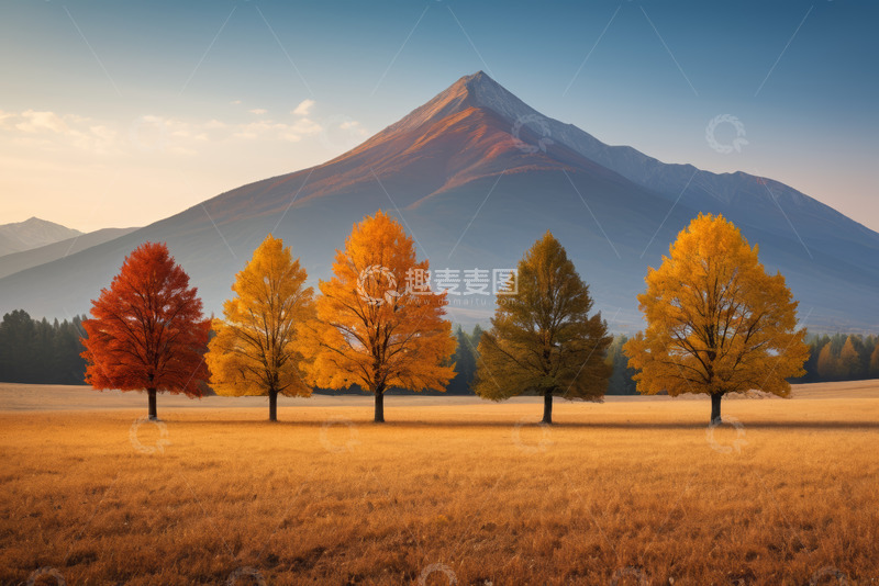高清大图下载【趣麦麦图】秋季原野五彩树木与远山景观