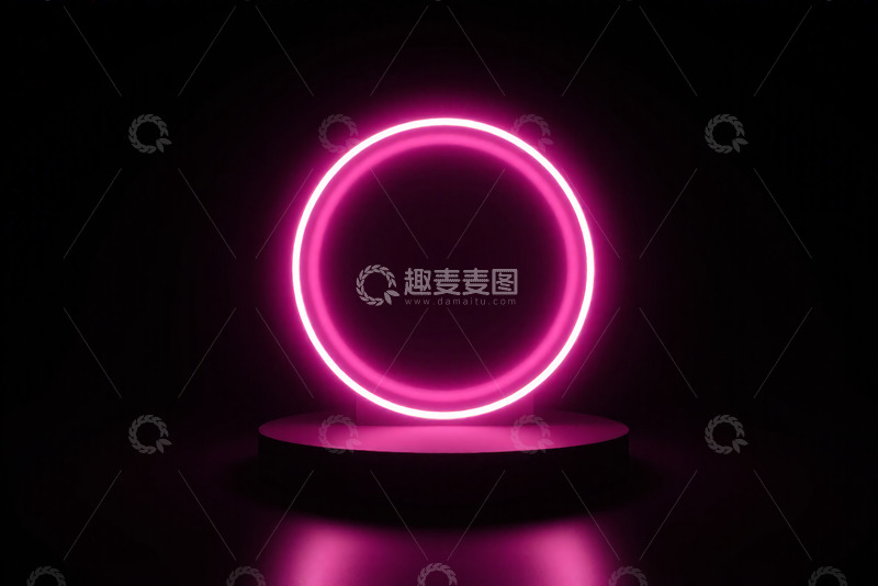 高清大图下载【趣麦麦图】黑色背景下发光的粉色霓虹圆环
