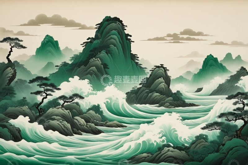 高清大图下载【趣麦麦图】中式山水风景插画