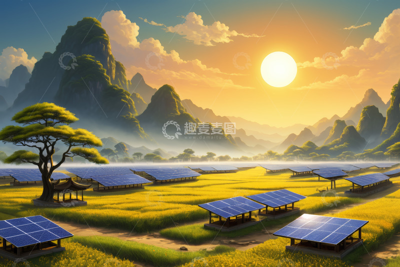 高清大图下载【趣麦麦图】-田野上的太阳能板与自然风光