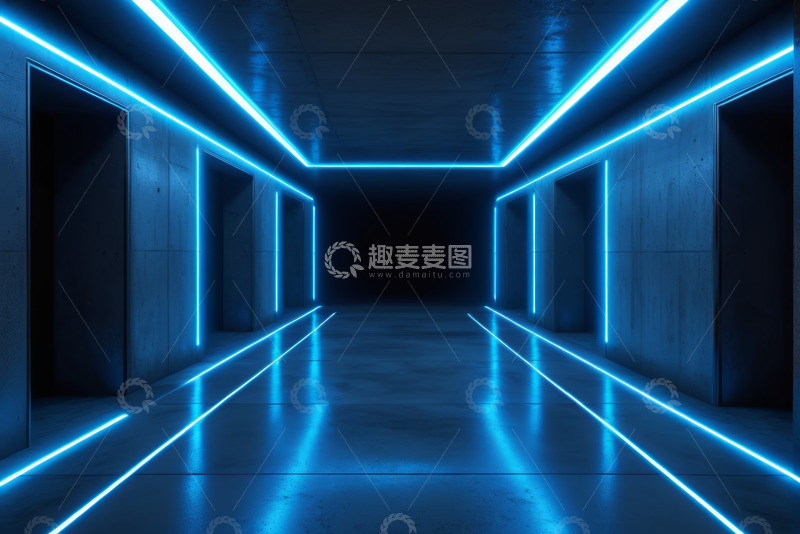 高清大图下载【趣麦麦图】科幻风格蓝色霓虹灯光通道