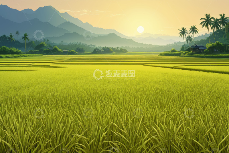 高清大图下载【趣麦麦图】夕阳下的田园稻田风光