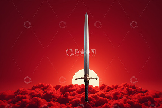 红背景中剑立于红色云雾之上