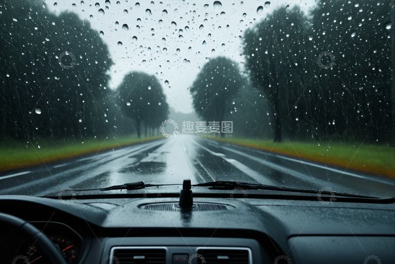 高清大图下载【趣麦麦图】汽车内视角雨中道路景象