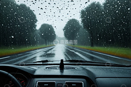 汽车内视角雨中道路景象