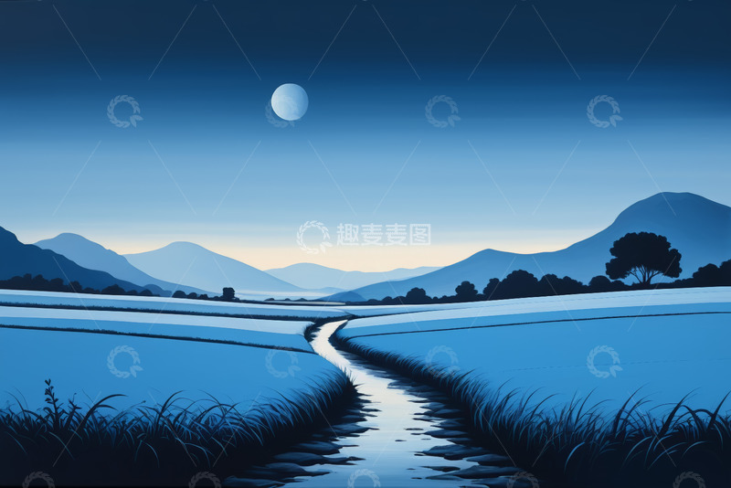 高清大图下载【趣麦麦图】月夜下的田野与远山风景