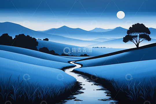 月夜下蜿蜒小溪的山间风景