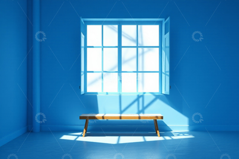 高清大图下载【趣麦麦图】蓝色房间内窗边木长椅场景