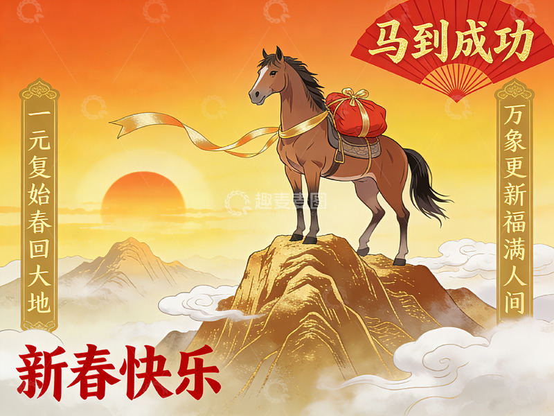 高清大图下载【趣麦麦图】骏马迎春祝福贺卡设计