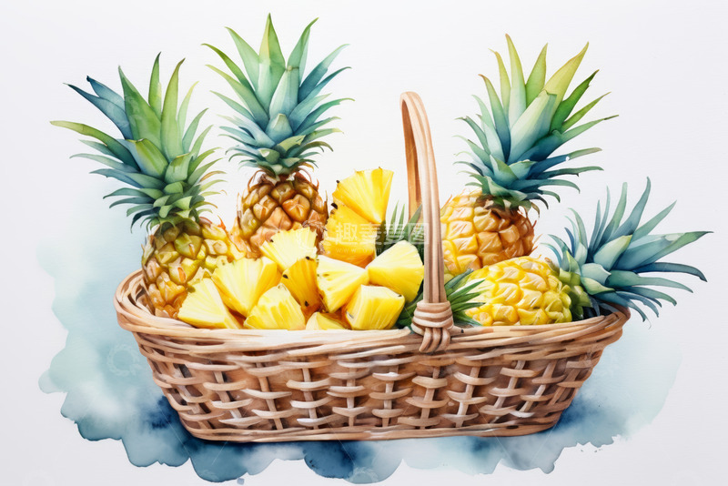 高清大图下载【趣麦麦图】水彩风篮子中的菠萝水果