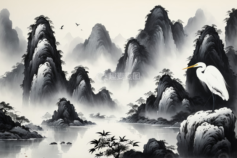 高清大图下载【趣麦麦图】水墨风格山水间白鹭独立