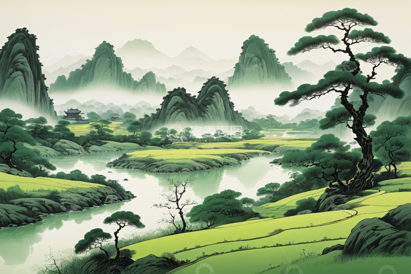 高清大图下载【趣麦麦图】中式山水田园风光