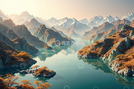 中式湖景古风亭阁