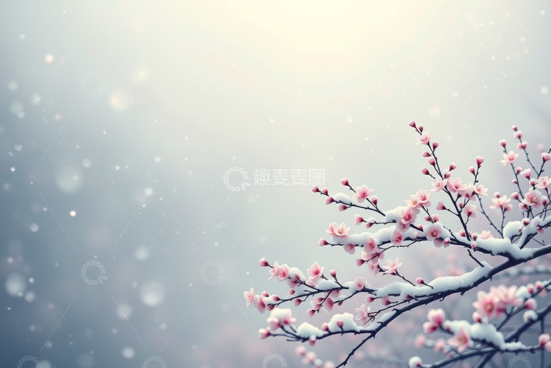 高清大图下载【趣麦麦图】雪中绽放的粉色梅花景观