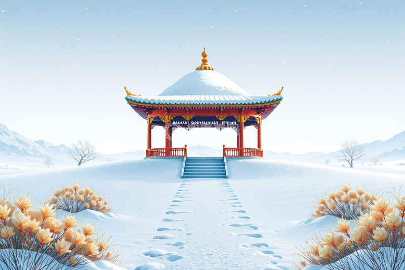 高清大图下载【趣麦麦图】雪地上的中式凉亭景观