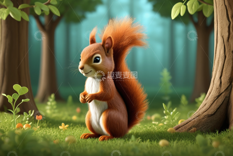 高清大图下载【趣麦麦图】森林中站立的狐狸与松鼠动画