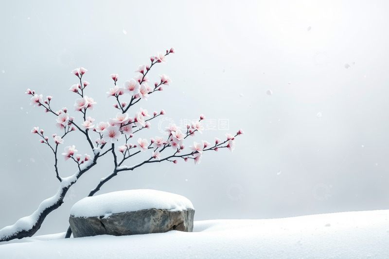 高清大图下载【趣麦麦图】覆雪绽放的粉色花枝特写