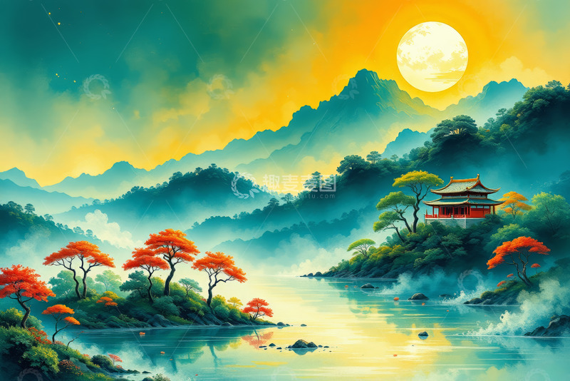 高清大图下载【趣麦麦图】中式山水景观中的亭桥画面