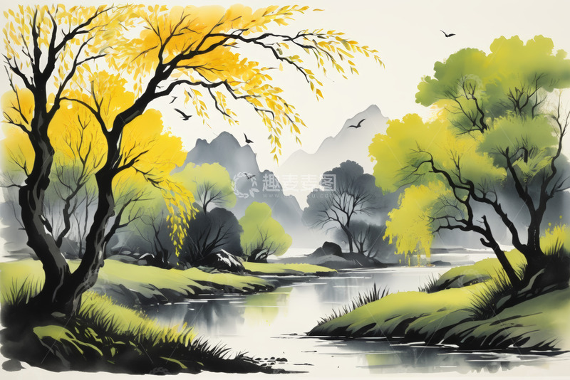 高清大图下载【趣麦麦图】水墨风格山水风景图