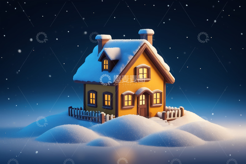 高清大图下载【趣麦麦图】雪夜中的温馨红房子