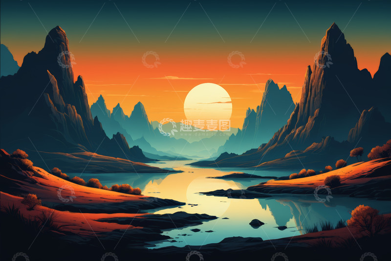 高清大图下载【趣麦麦图】日落时分山水自然景观