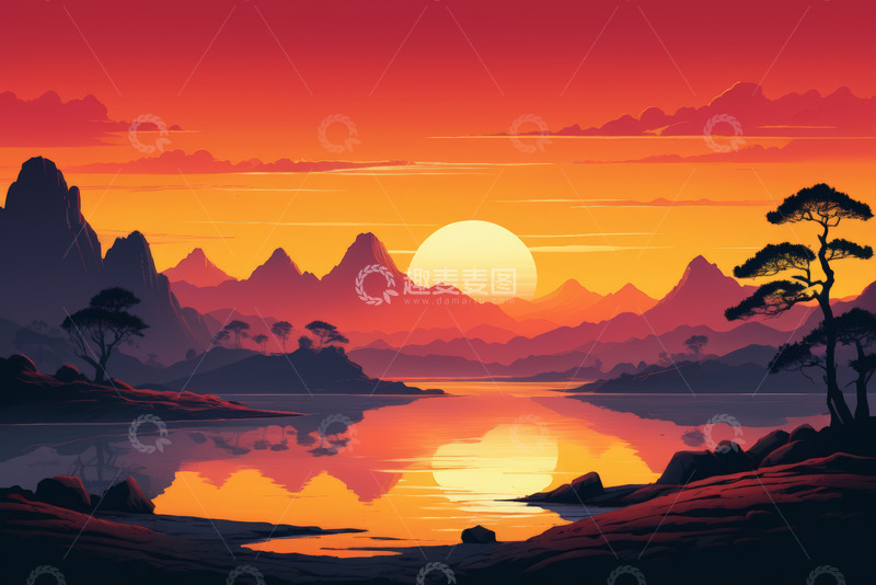 高清大图下载【趣麦麦图】夕阳下山水风景