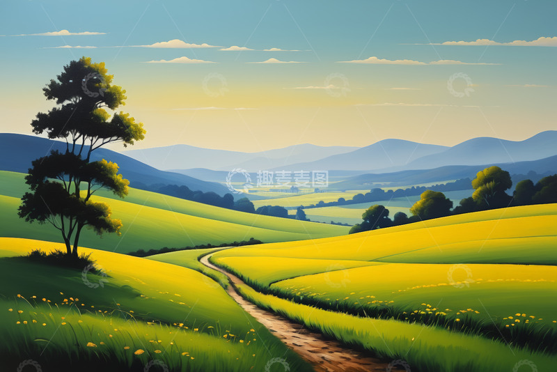 高清大图下载【趣麦麦图】田野边双树与远山风景