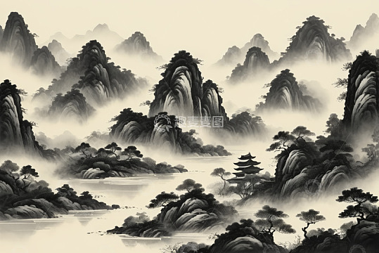 中式山水风景含古典建筑