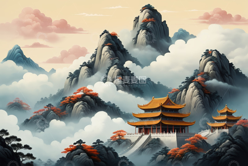 高清大图下载【趣麦麦图】中式山水古建筑风景