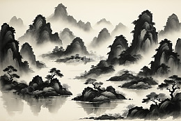 中式水墨山水古建筑风景