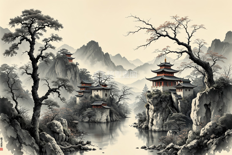 高清大图下载【趣麦麦图】中式古风山水村落景观