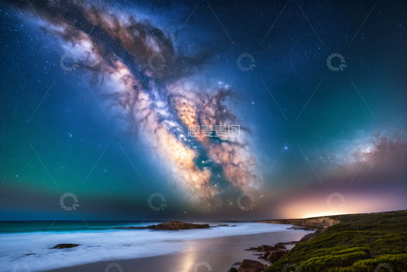 高清大图下载【趣麦麦图】海边夜空下的壮丽星系景观